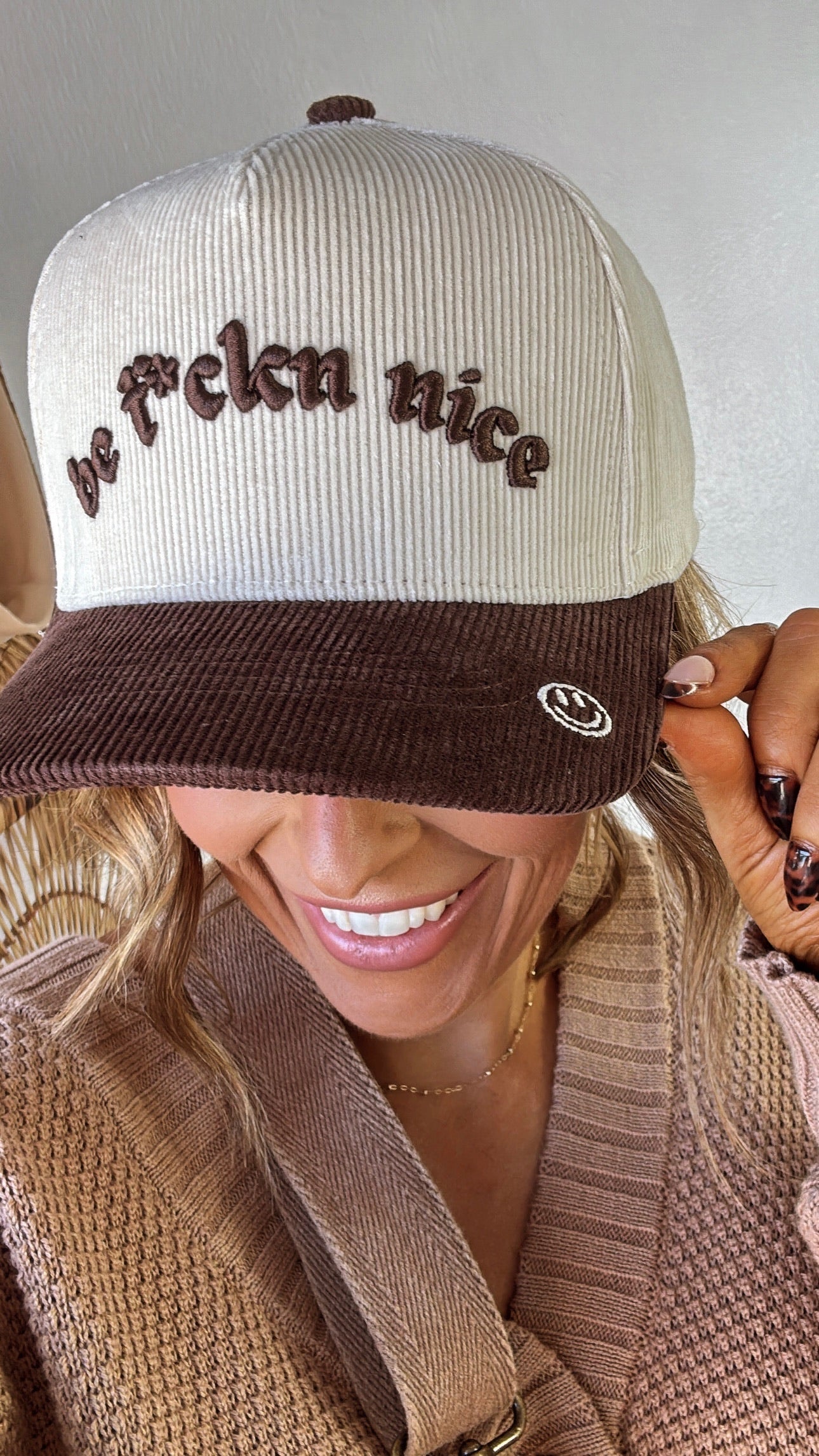 Be F***n Nice Trucker Hat, Brown Corduroy/Natural Corduroy