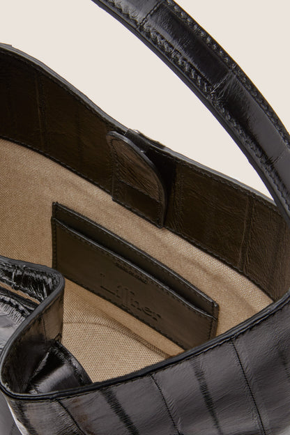 Black Eel Skin Mini Belted Bucket Bag