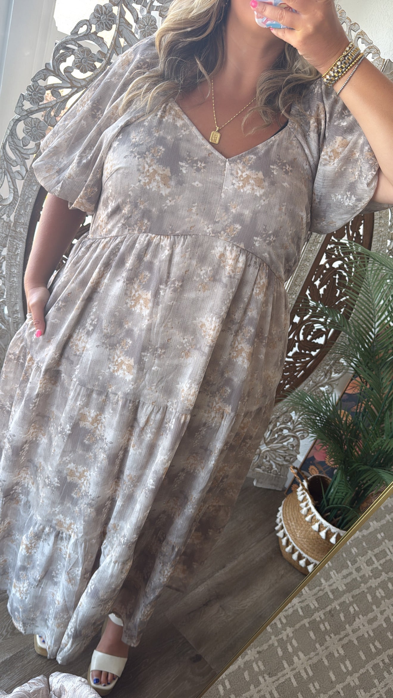 Granite Hues Whimsical Bubble Sleeve Maxi Dress, Taupe