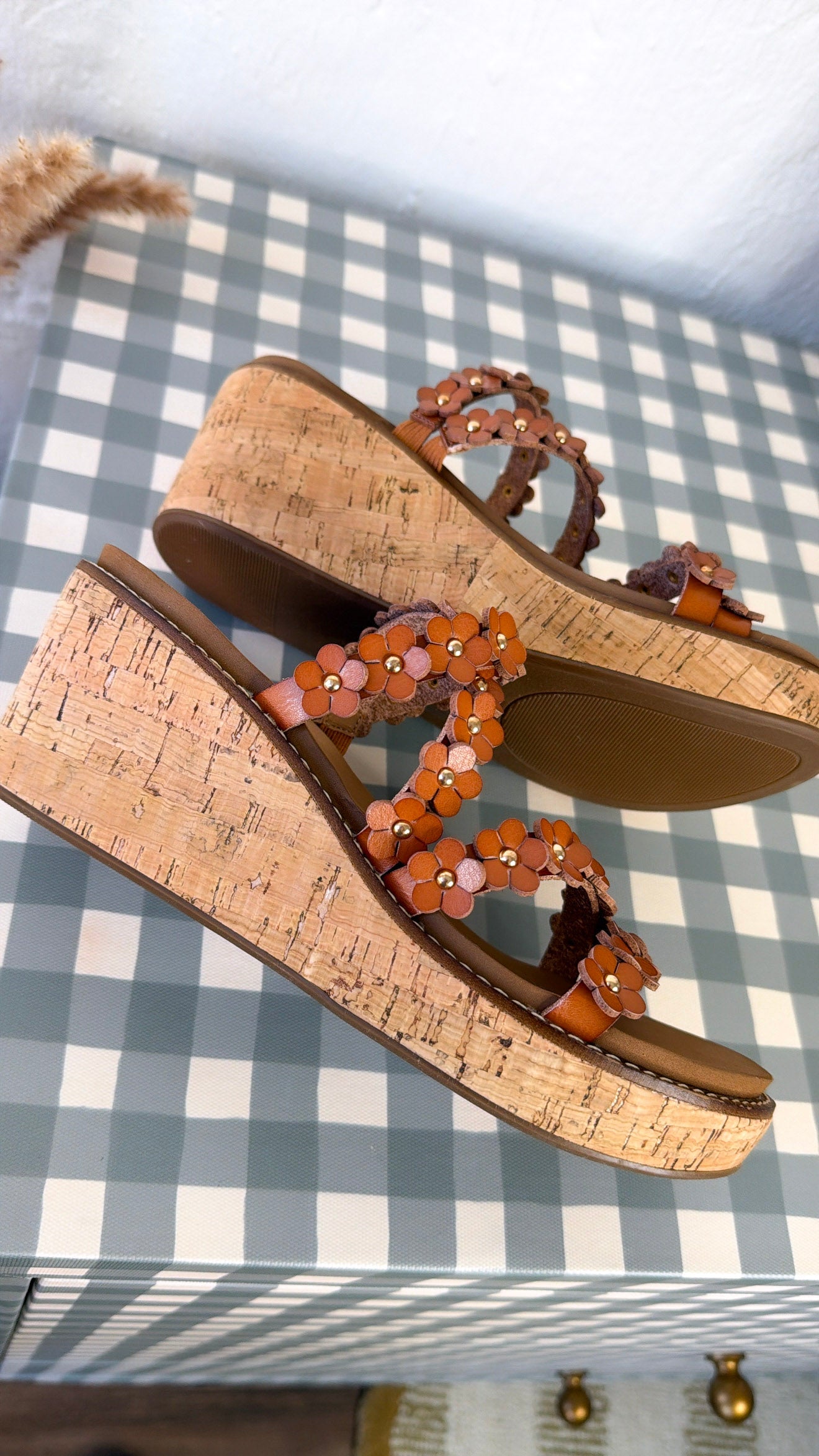 Floral Strap Plattform Wedge, Cognac