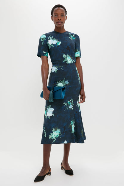 Abstract Rose Navy Fluted Midi Skirt