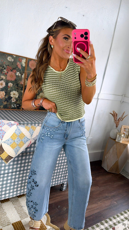 Honey Crush Crochet Sweater Tank, Sage Lemon