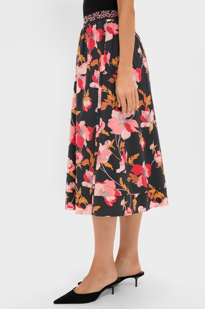 Black & Shades of Pink Floral Embroidered Sia Maxi Skirt