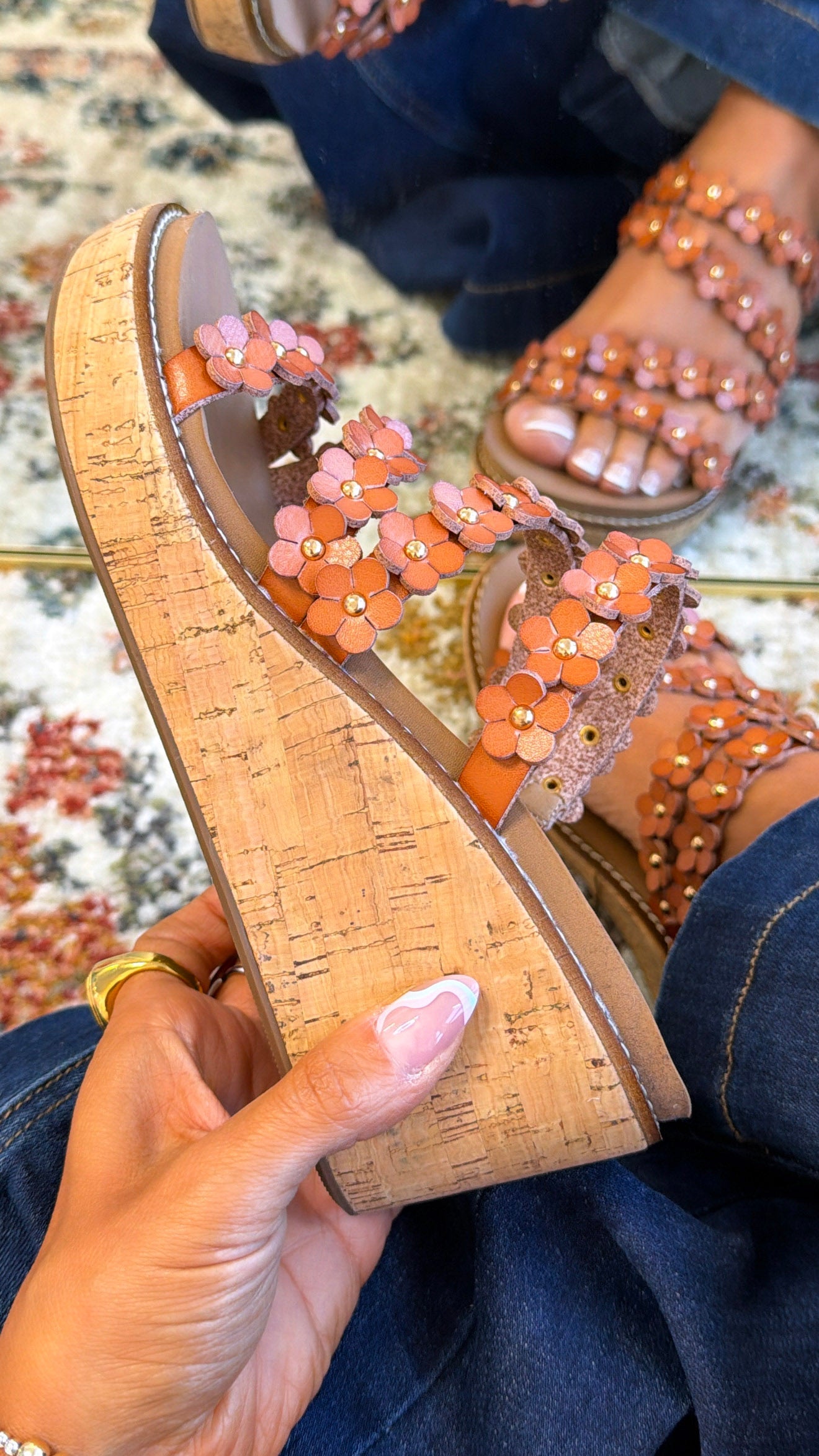 Floral Strap Plattform Wedge, Cognac