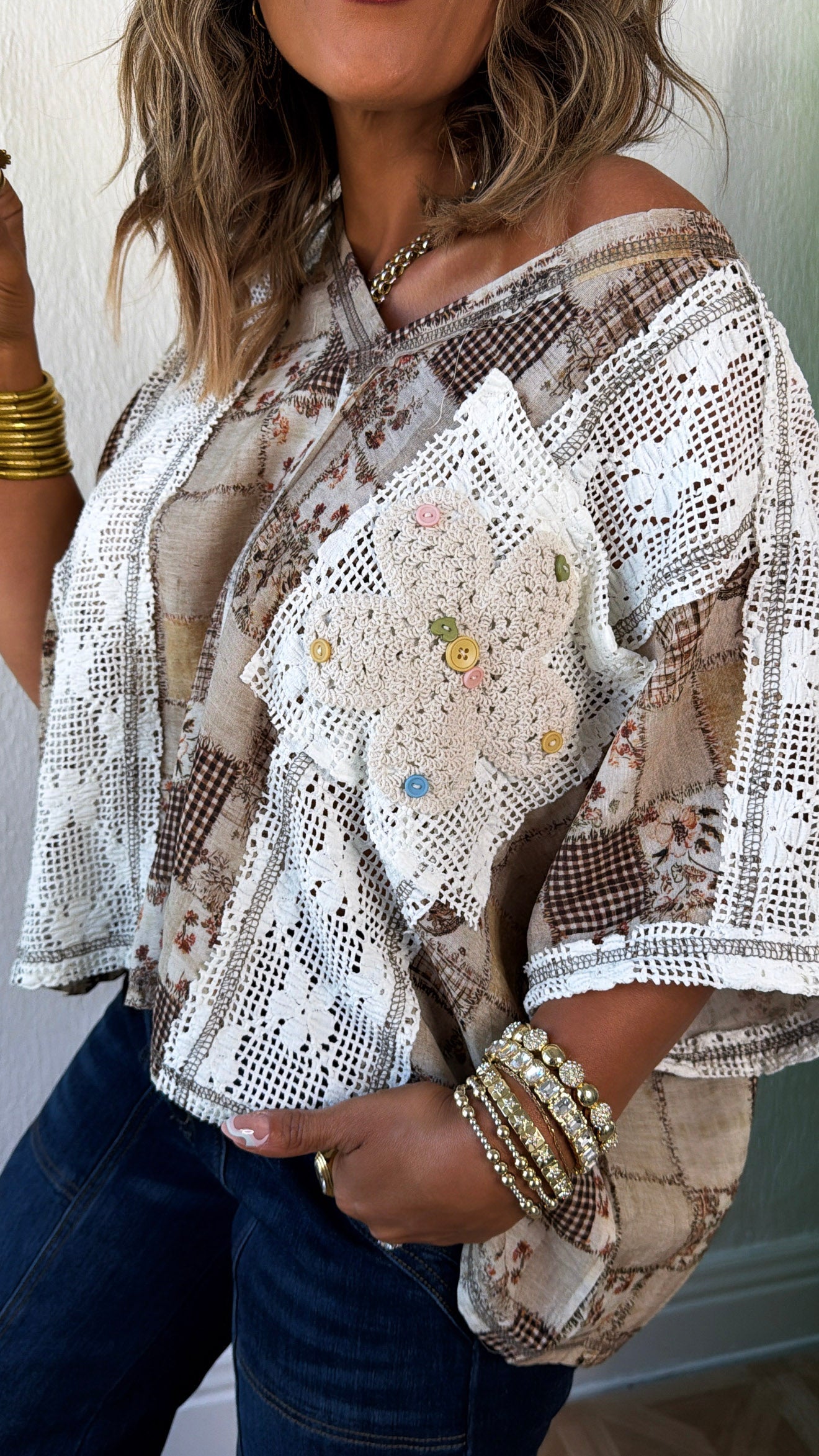 Annibelle Paisley Pocket Tee, Ivory/Beige Multi