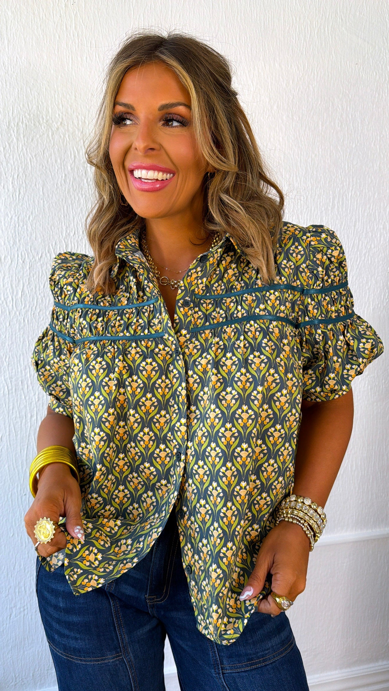 Dried Fields Puff Sleeve Blouse, Teal Green Multi