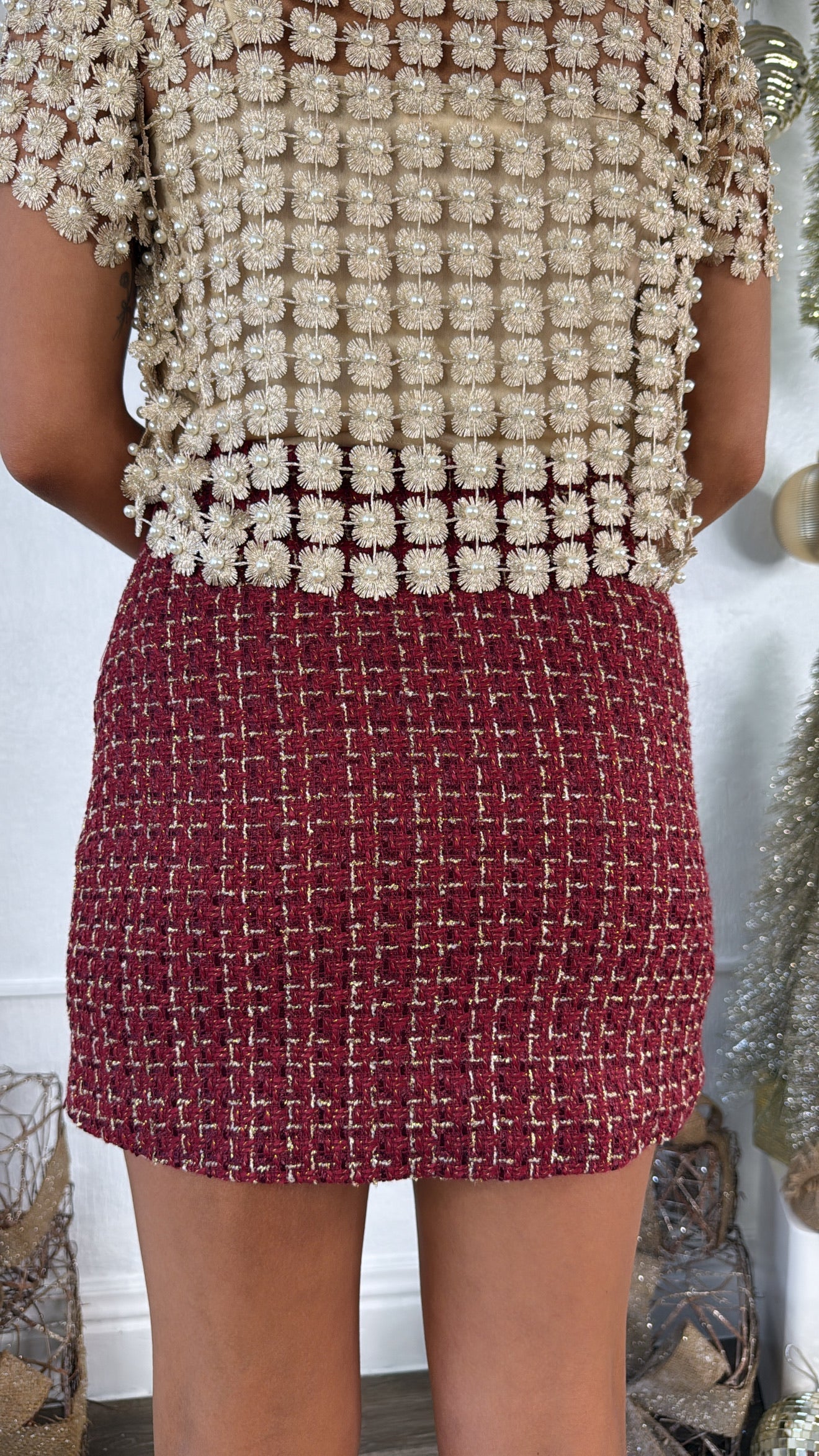 All Things Glisten Tweed Skirt , Wine