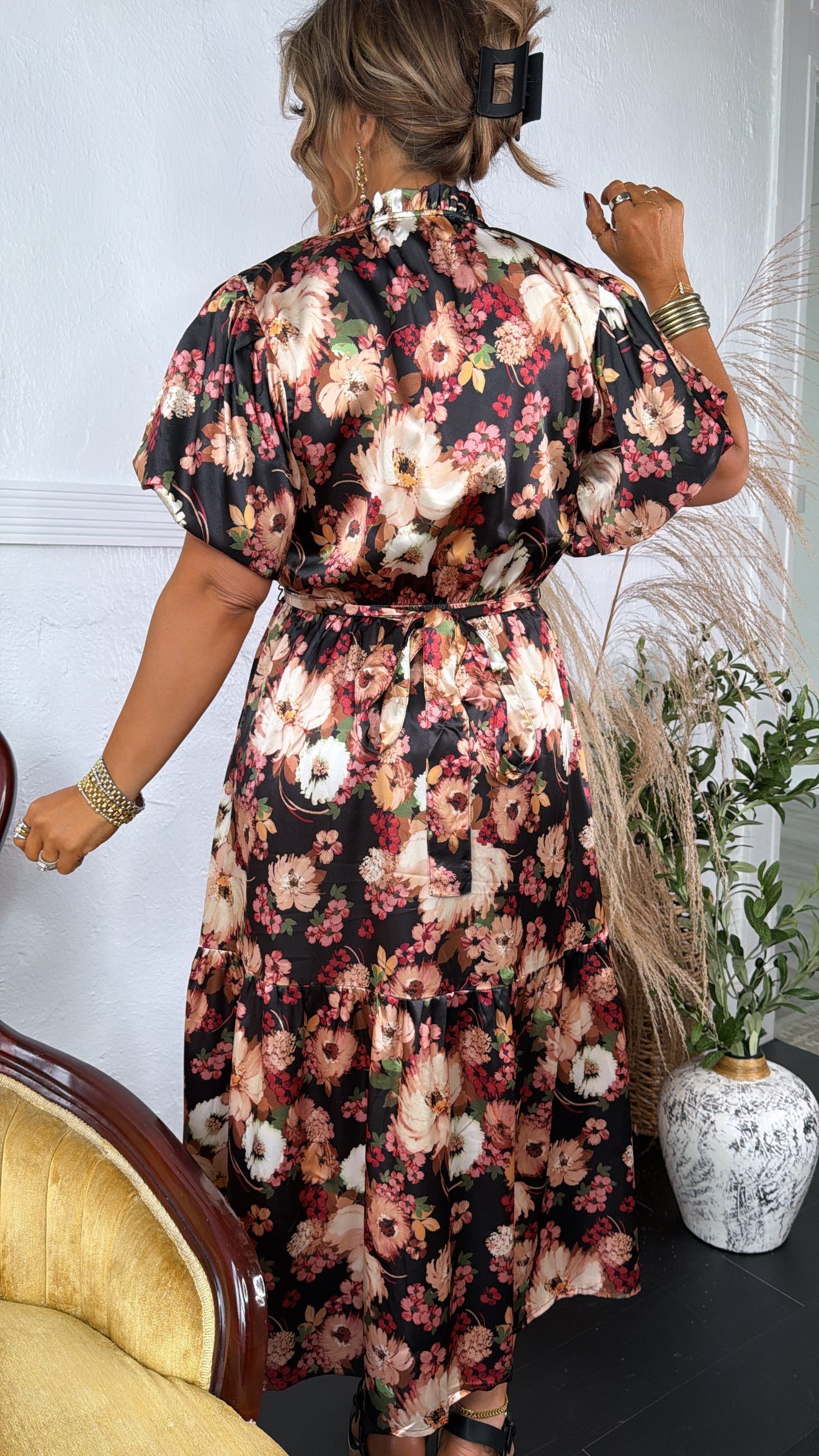 Dusky Petal Midi Dress, Black Multi