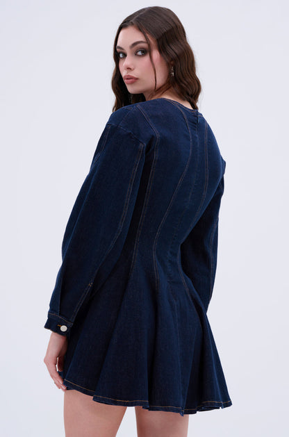ALL ABOUT MY BUSINESS DENIM MINI DRESS IN DARK BLUE